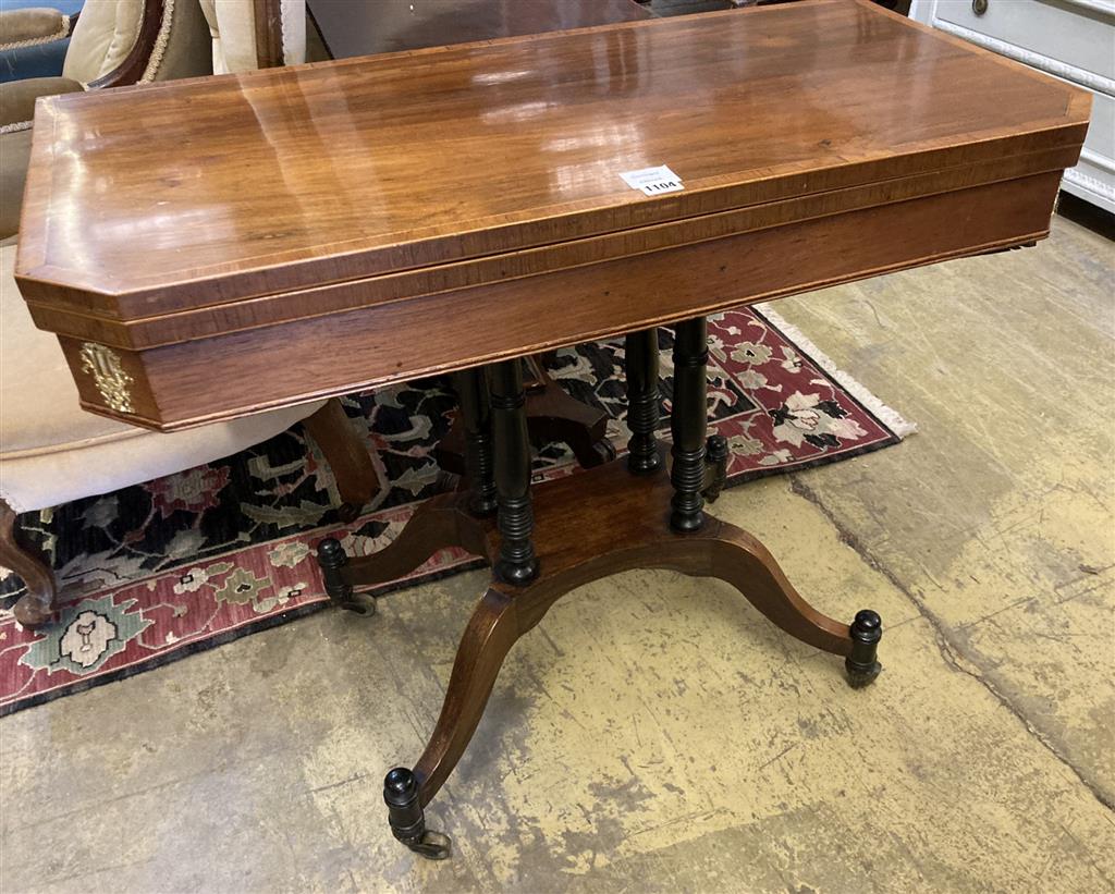 A Regency banded rosewood folding card table, width 91cm depth 45cm height 75cm